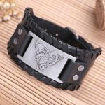 Bracelet cuir noir avec design Renard et symbole Viking