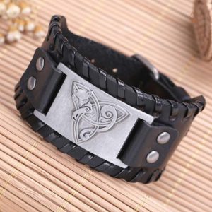 Bracelet cuir noir avec design Renard et symbole Viking