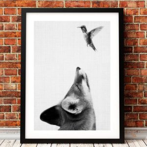 Art décoratif Renard et Colibris en noir et blanc