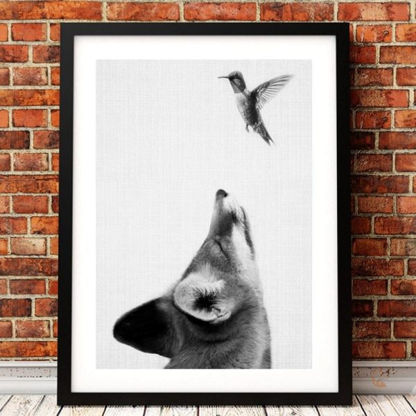 Art décoratif Renard et Colibris en noir et blanc