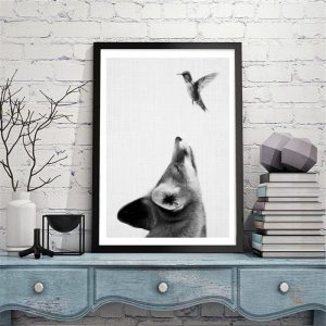 Poster artistique Renard orné de colibris élégants