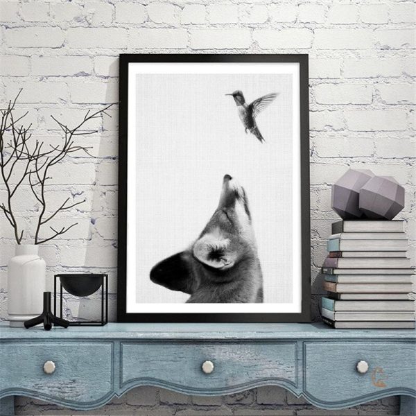 Poster artistique Renard orné de colibris élégants