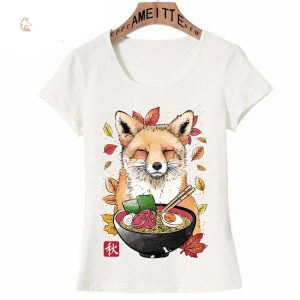 T-shirt à motif renard, parfait pour les amateurs de ramen